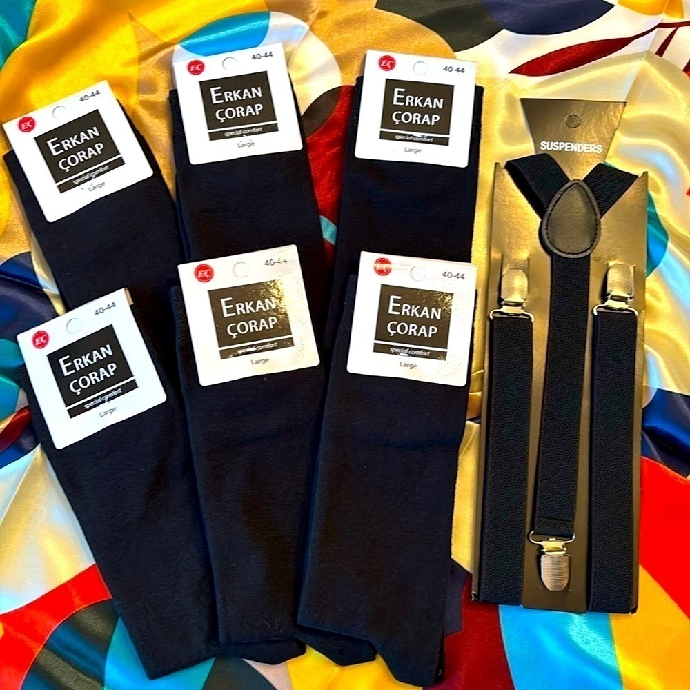 Brand New 6 Pairs of Black Dress Socks & Adjustable Y-Back Suspenders Set